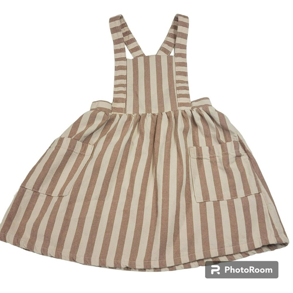 Wonder Nation Overall Dress, Girl 4T, Tan & Beige Stripe, Pockets, EUC